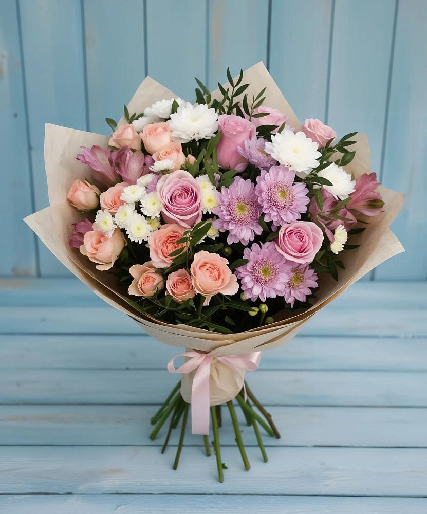 Букет цветов из: Хризантемы, Розы и Альстромерии в Новая Жизни