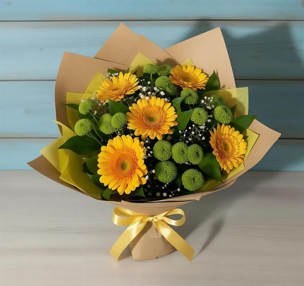 Букет цветов из: Герберы и Хризантемы в Новая Жизни