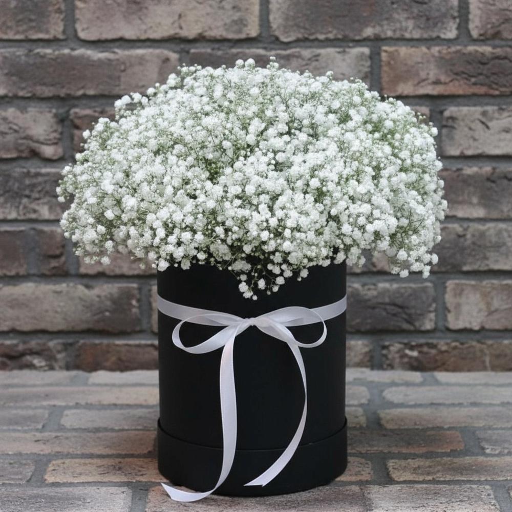 Цветочная композиция из Гипсофила в шляпной коробке в Новая Жизни