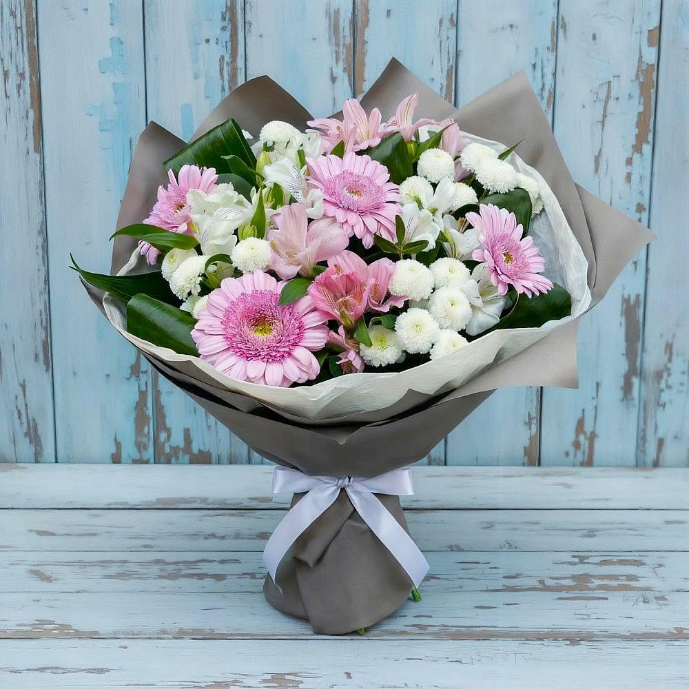 Букет цветов из: Герберы, Альстромерии и Хризантемы в Новая Жизни